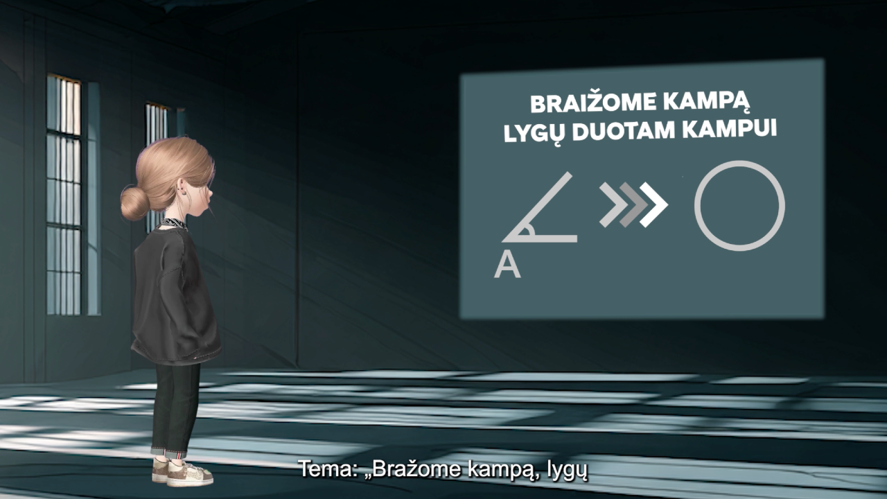 Braižome kampą, lygų duotam kampui ir braižome trikampį, lygų duotam trikampiui