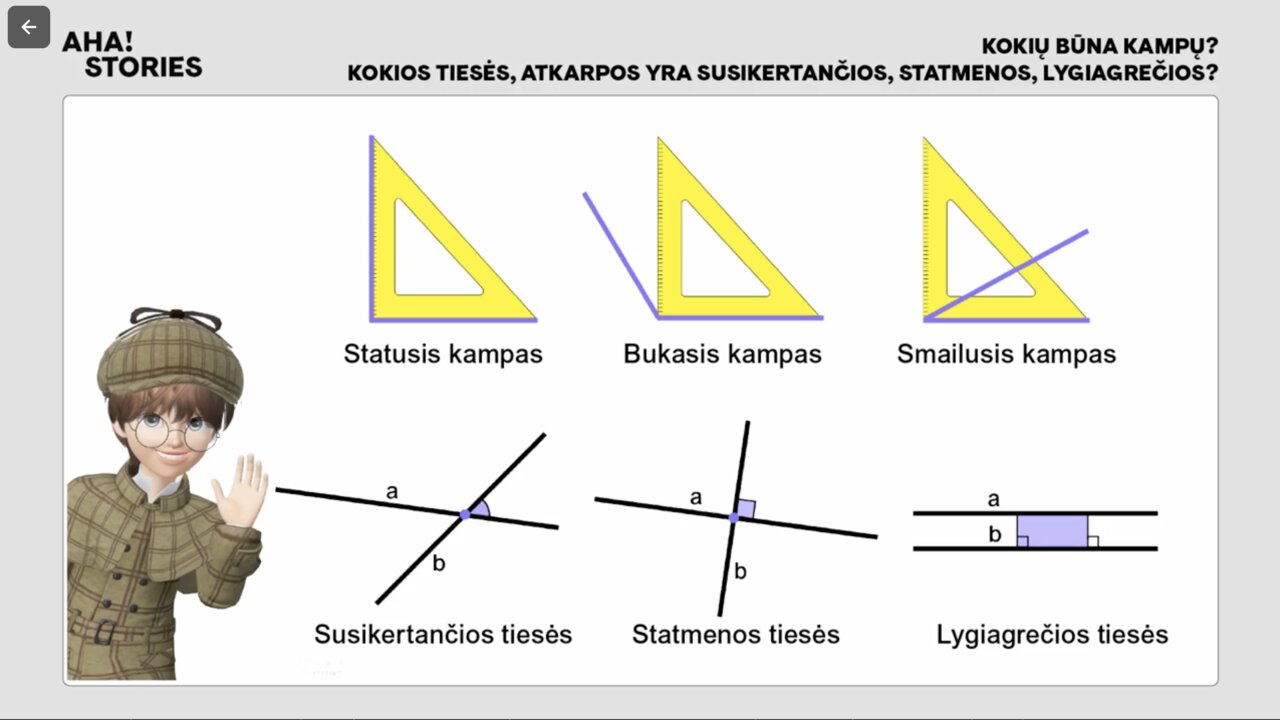 Kokių būna kampų? Kokios tiesės, atkarpos yra susikertančios, statmenos, lygiagrečios?